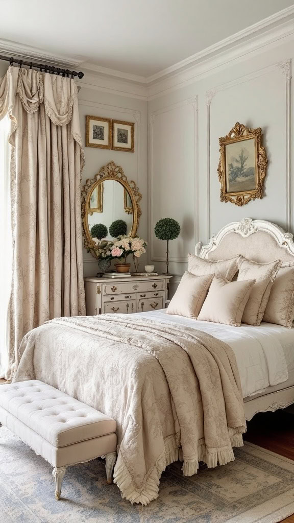 French Provincial decor is all about understated elegance. Think soft, neutral colors paired with graceful curves and classic details. This style combines timeless sophistication with an inviting charm, making it a perfect choice for a serene guest room.