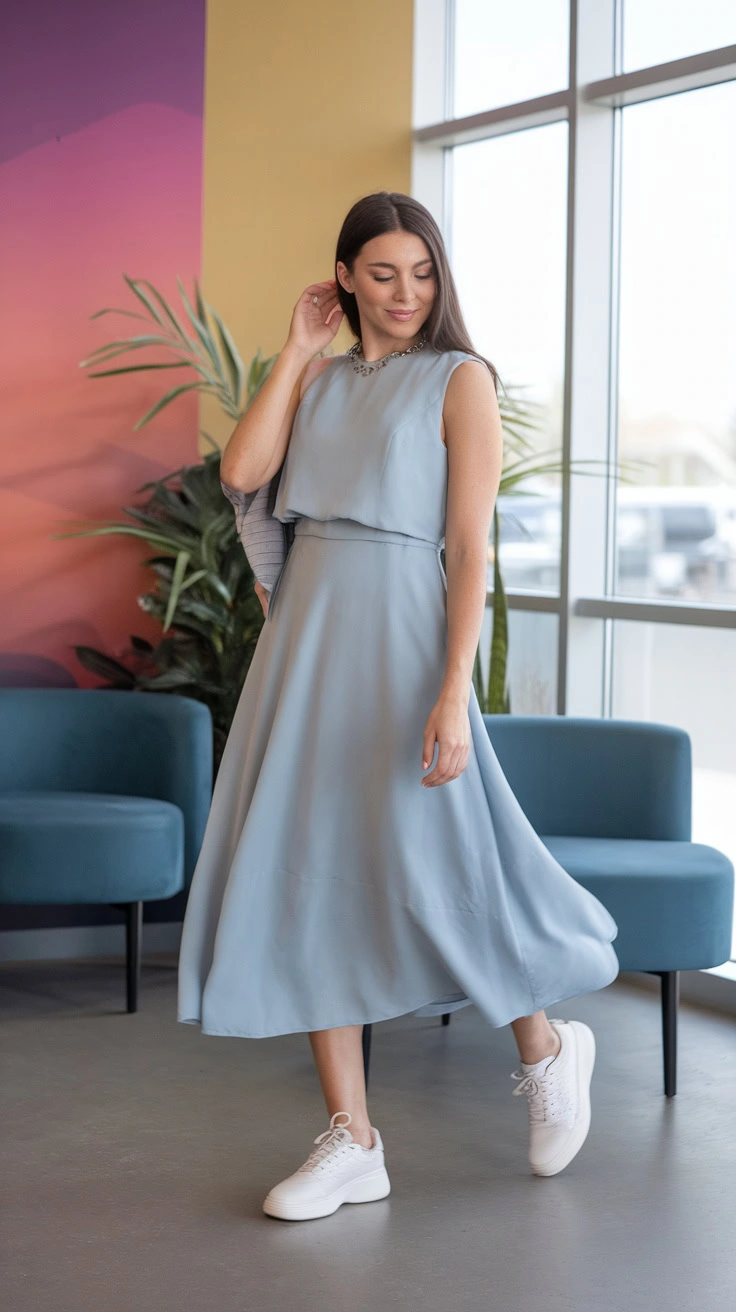 A chic midi dress paired with sneakers creates a stylish yet comfortable office look. This combo is perfect for those busy days when you're on the go but still want to look polished. Opt for a dress in a soft color to keep it fresh and fun!