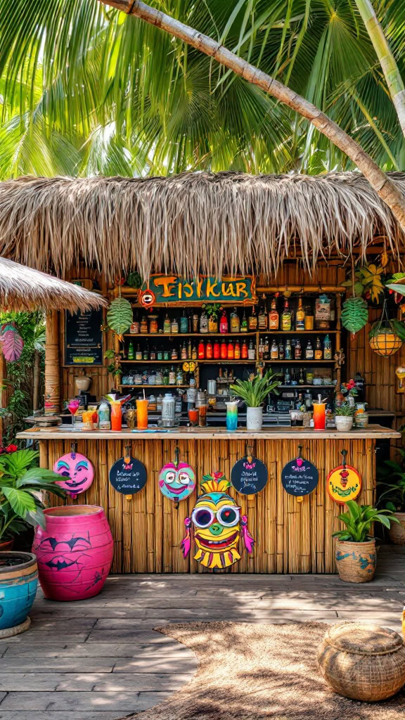 Bring vacation vibes home with a tiki bar setup! Think tropical drinks, colorful decor, and plenty of laid-back charm.