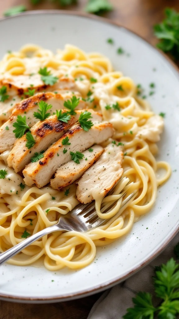 Chicken Alfredo is a creamy and comforting dish that's perfect for busy nights. With tender grilled chicken over fettuccine, it's a hit with kids and adults alike. Just whip up the sauce, toss it with pasta, and dinner is ready in no time!