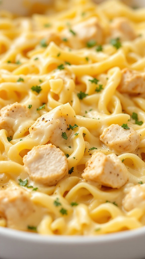 Chicken Alfredo Bake is a creamy and delicious dish that's perfect for any night of the week. The tender pasta combined with juicy chicken and rich Alfredo sauce makes for a comforting meal. For a detailed recipe, check out this Chicken Alfredo Bake recipe!