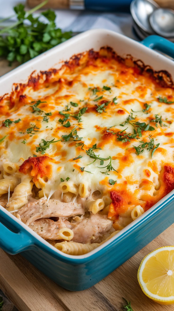 A baked dish of Chicken Alfredo Pasta topped with melted cheese and herbs.