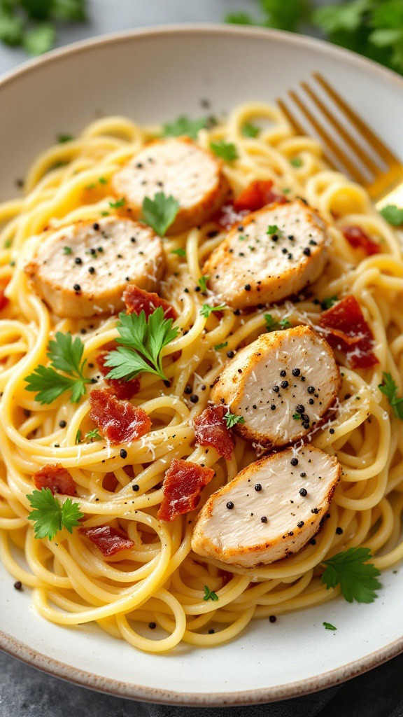 This Chicken Carbonara is a quick and tasty meal that busy moms will love. With tender chicken, creamy sauce, and spaghetti, it’s sure to please the whole family. Serve it up with a sprinkle of parsley for a pop of color!