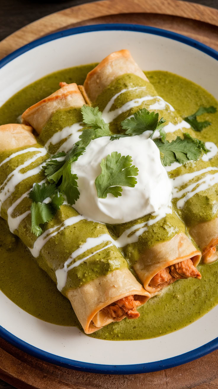 Plate of chicken enchiladas topped with green sauce and cilantro