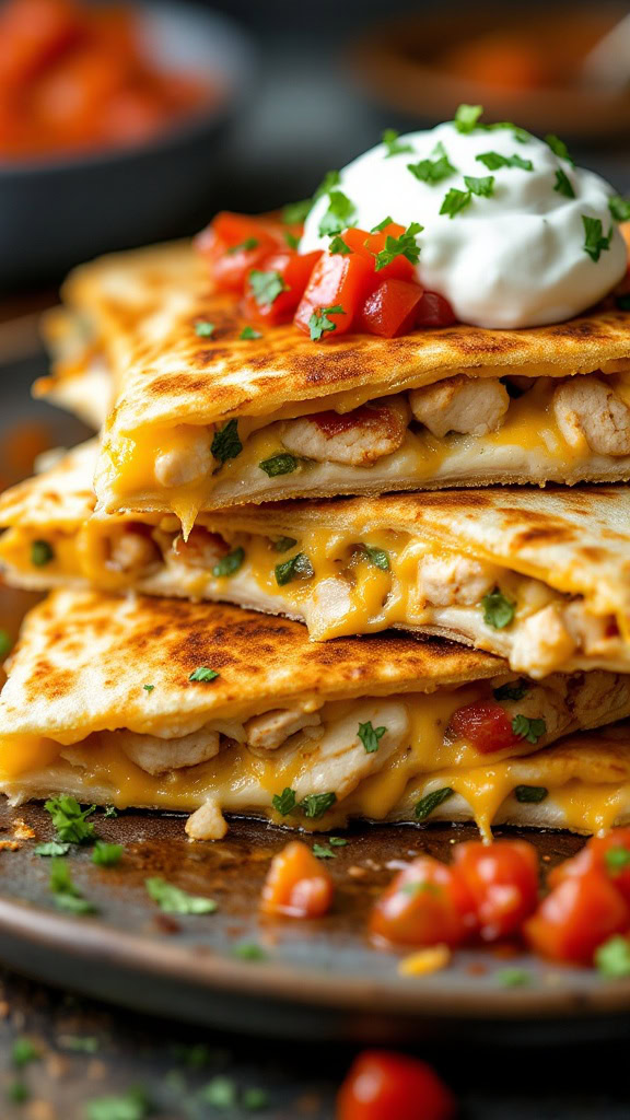 Chicken quesadillas are a quick and tasty meal that everyone loves. They are loaded with gooey cheese and tender chicken, making them super satisfying. 