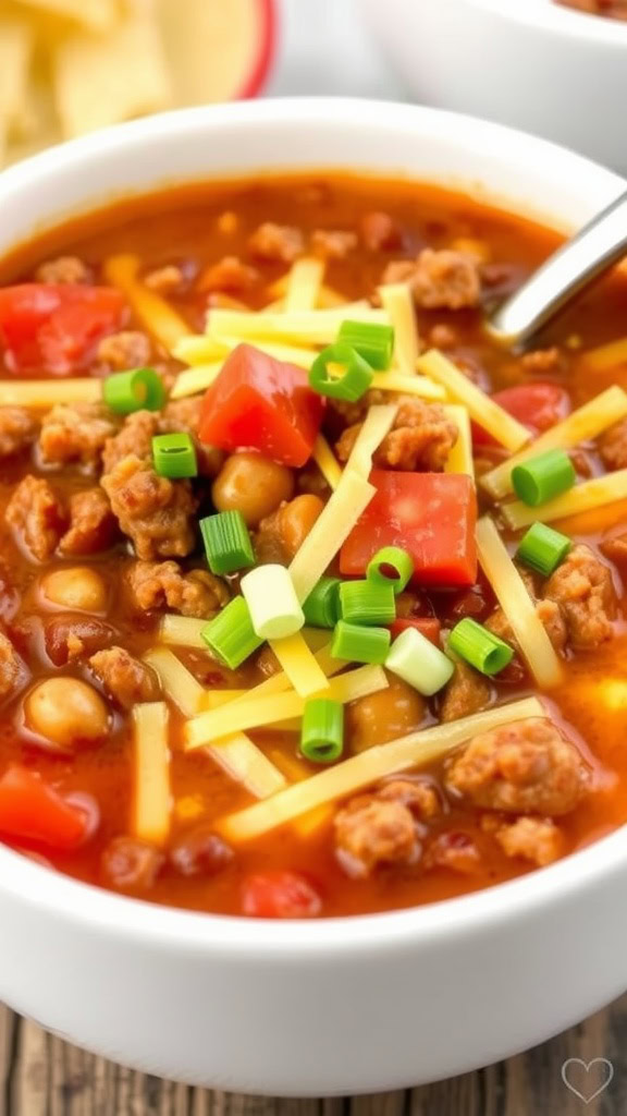 A bowl of chili cheeseburger soup topped with cheese and green onions.