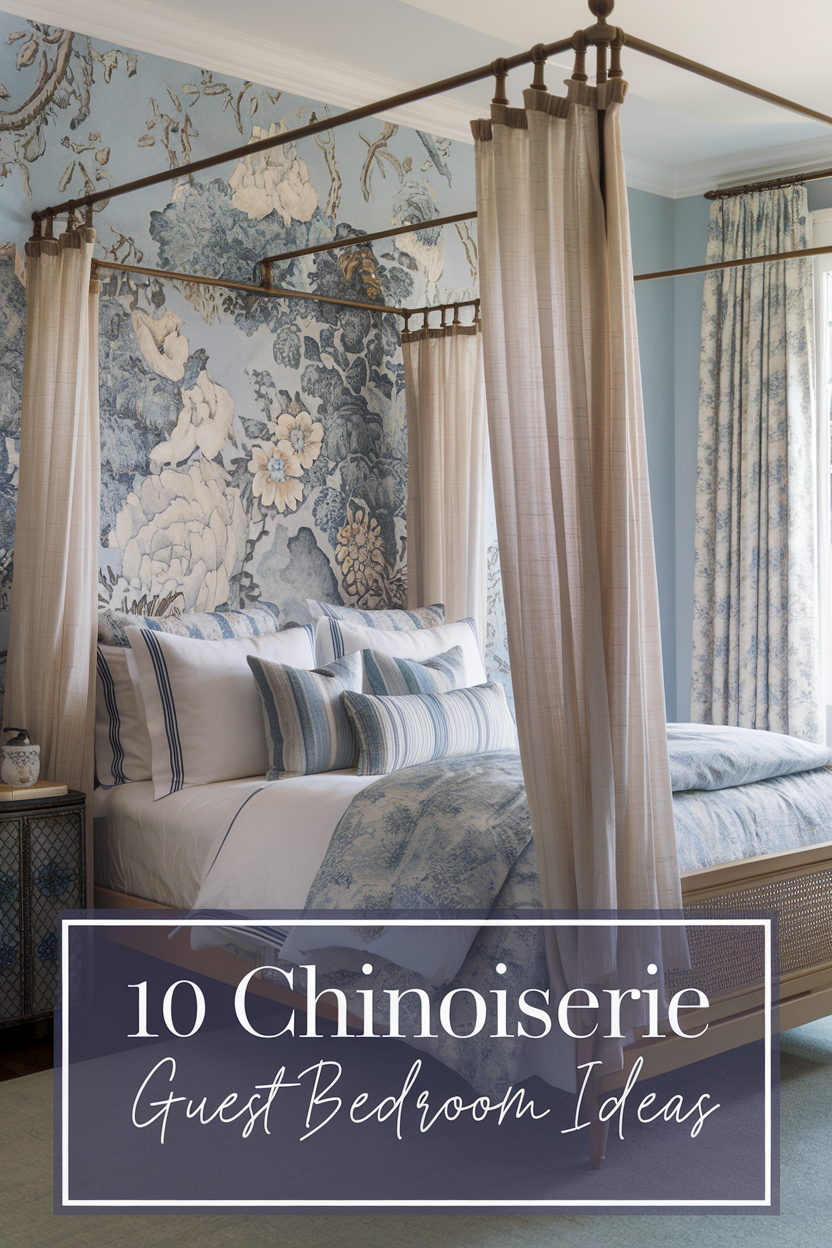 Add a touch of chinoiserie charm to your guest bedroom with these 10 gorgeous ideas. Perfect for creating a cozy and elegant space! 💙🌺 #BedroomDecor #ElegantLiving