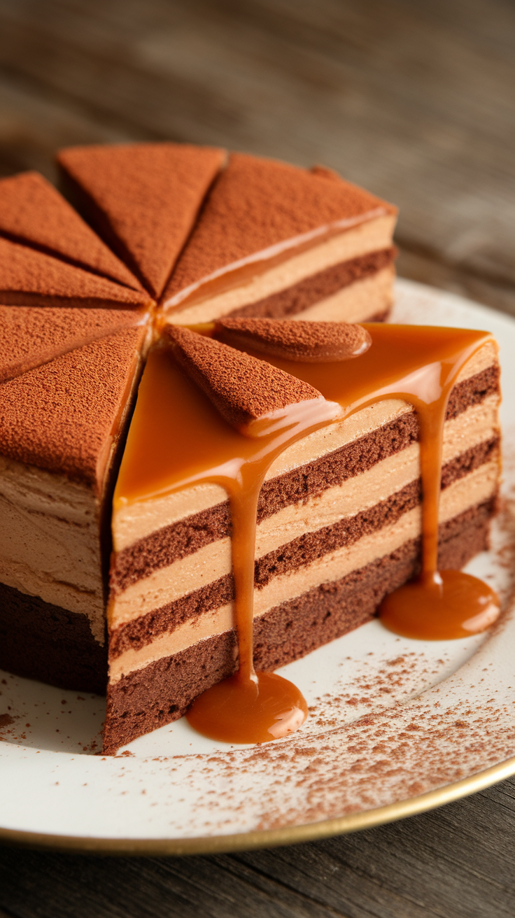 A delicious chocoflan dessert with layers of chocolate and flan, topped with caramel sauce.