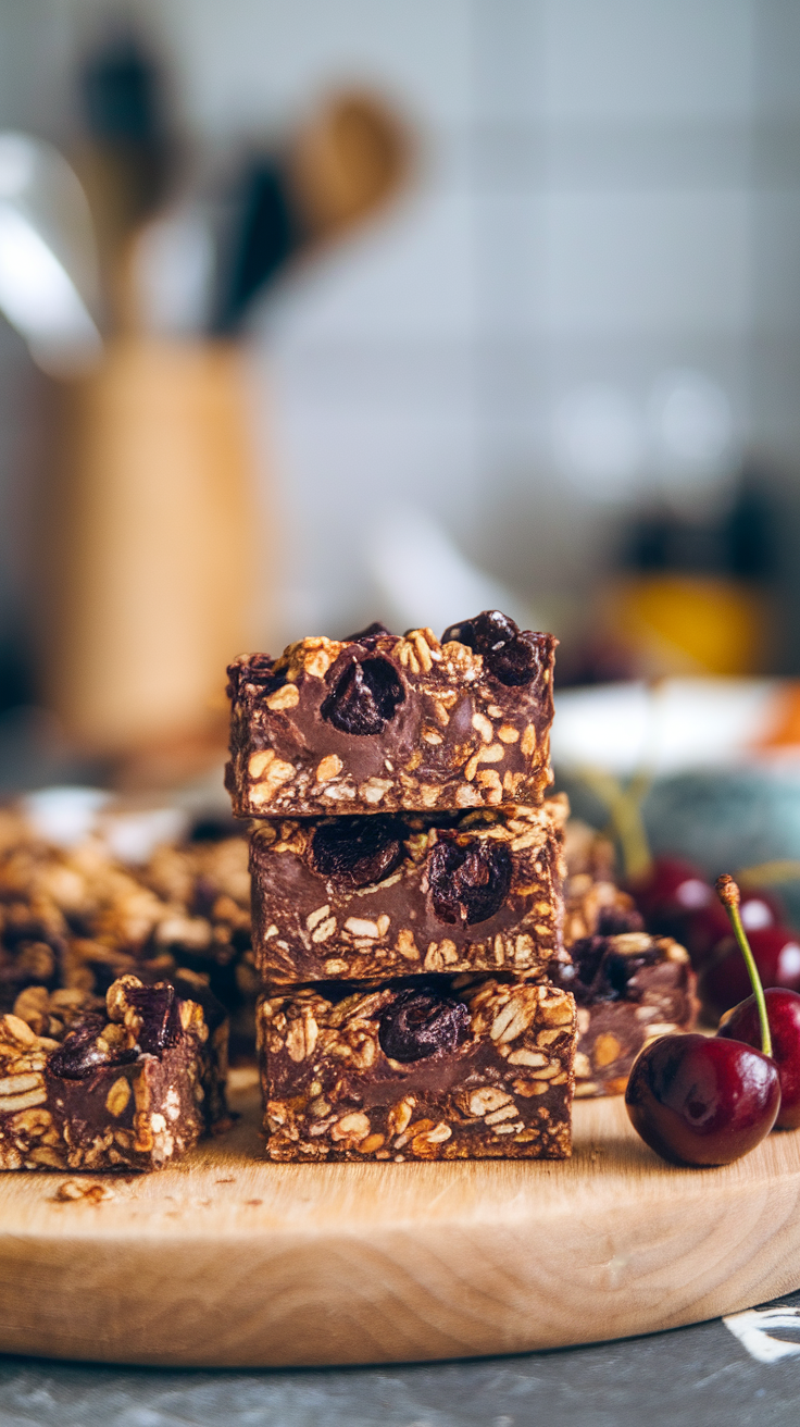 These chocolate cherry granola bars are a tasty treat that everyone will love. Packed with oats, chocolate, and dried cherries, they make for a perfect snack or dessert.