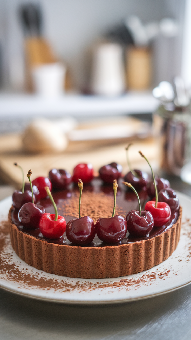 This chocolate cherry tart is a showstopper that’s easy to make. The rich chocolate pairs perfectly with the sweet and tart cherries, creating a delightful treat. It’s perfect for any gathering or just a cozy night in.