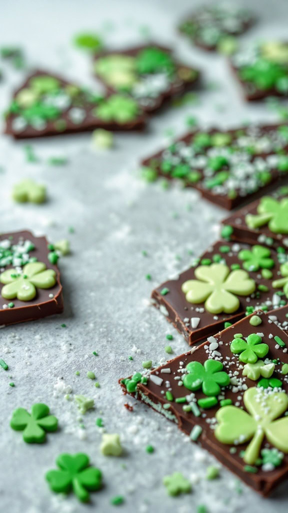 Chocolate Mint Shamrock Bark decorated with green clovers and sprinkles