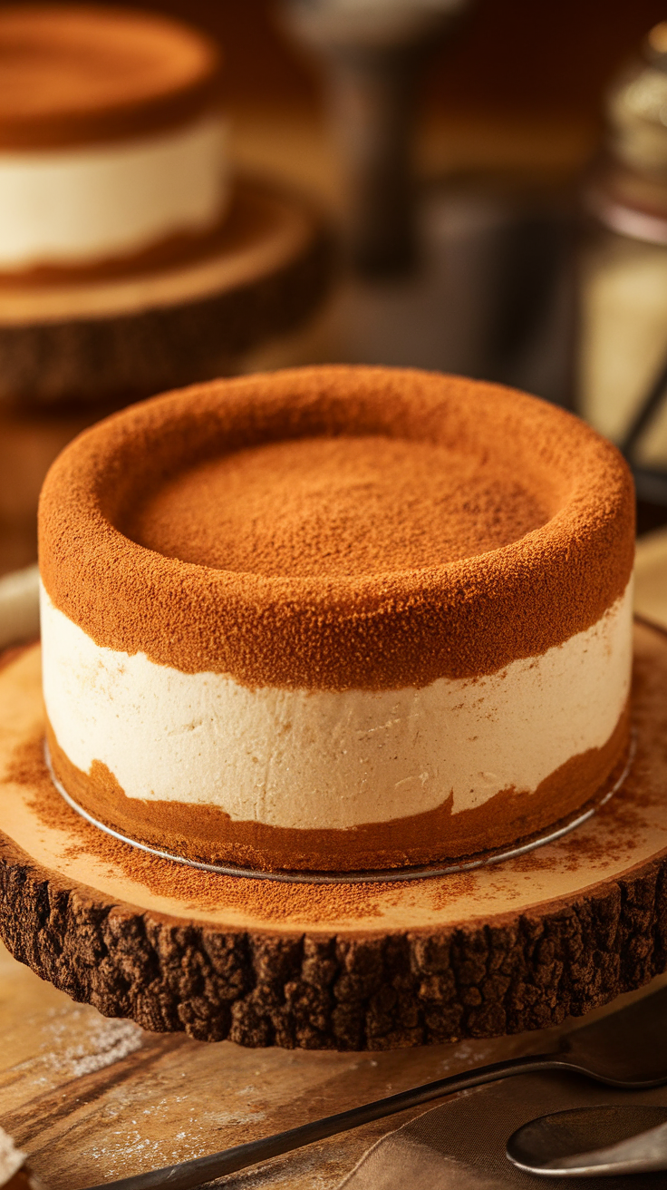 Delicious churro cheesecake on a wooden platter