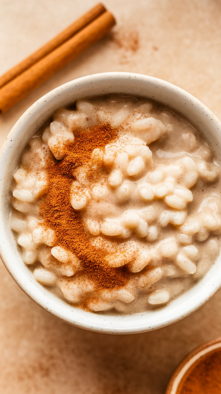 A bowl of creamy cinnamon rice pudding topped with cinnamon, with cinnamon sticks in the background.