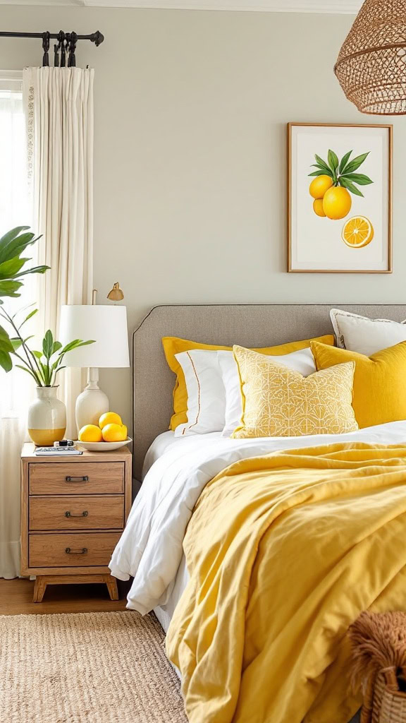 A citrus-inspired palette with pops of yellow and orange is perfect for creating a fresh and energizing atmosphere. Think cushions, artwork, or even a playful citrus-patterned duvet cover for a touch of whimsy.