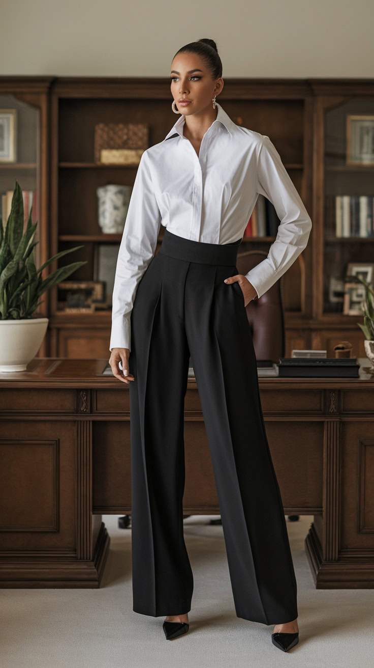 A classic button-down shirt paired with wide-leg trousers is a timeless choice for the office. This look combines comfort and sophistication, making it perfect for busy days. Add a pair of sleek heels to polish off the outfit while keeping it relaxed.