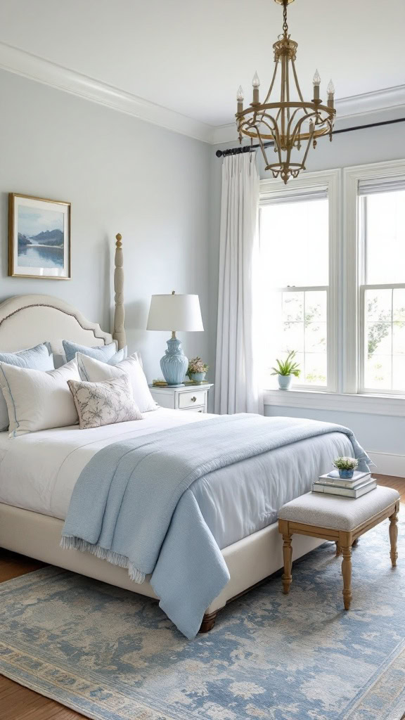 This bedroom shines with a chic pale blue and white palette. The soft colors create a calm and inviting atmosphere, perfect for relaxation. Simple decor pieces add elegance without overwhelming the space.