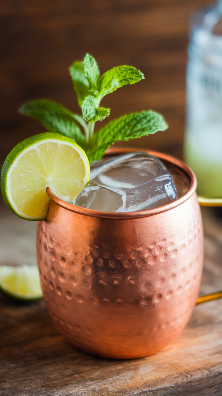 The Classic Moscow Mule is a refreshing cocktail that combines vodka, ginger beer, and lime juice, served in a distinctive copper mug. This drink is known for its crisp, zesty flavor that perfectly balances sweetness with a hint of spice from the ginger beer. It's a simple and fun cocktail to make at home, making it a great choice for casual get-togethers or a relaxing evening.