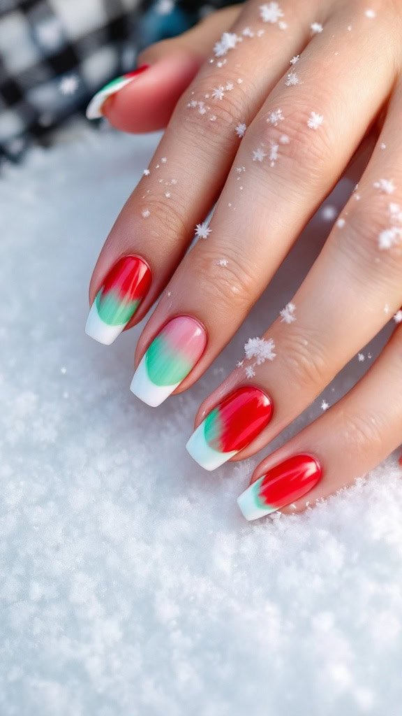 This design adds a festive twist to the classic French manicure. Bright red and mint green tips create a bold yet elegant holiday look.