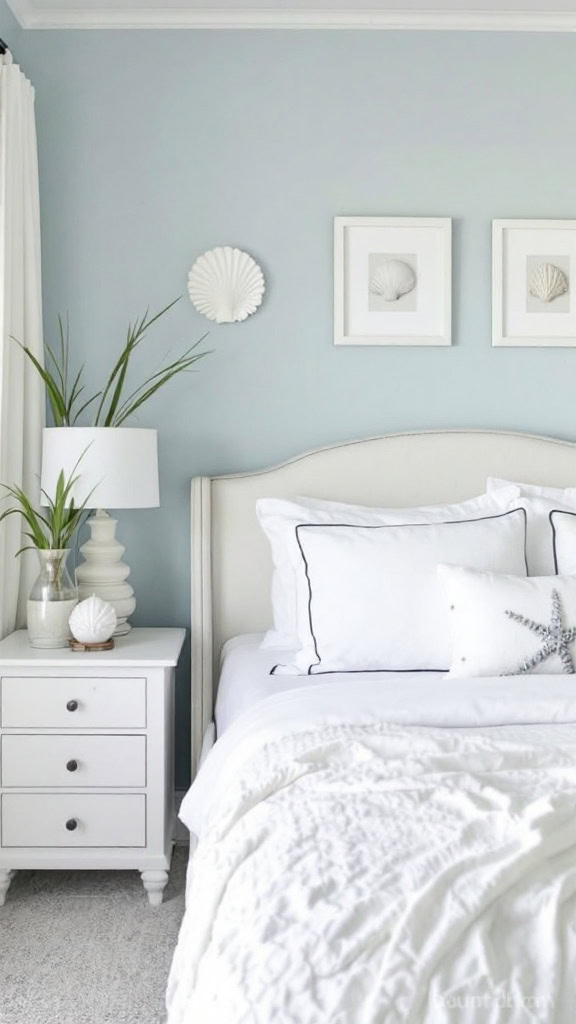 This cozy bedroom perfectly captures the essence of a coastal retreat. The pale blue walls bring a calm vibe, while the white bedding and decor create a fresh, airy feel. Touches like shell art and plants add a nice beachy charm.