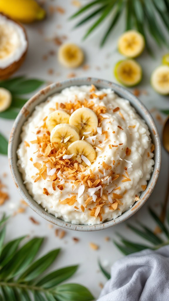 A bowl of coconut banana rice pudding topped with banana slices and toasted coconut flakes, surrounded by fresh bananas and tropical leaves.