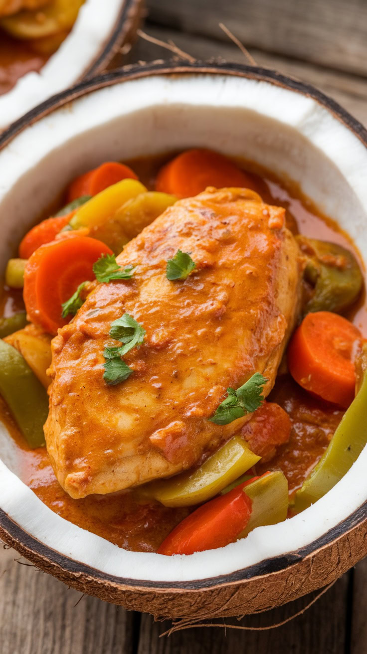 Coconut curry chicken is a delightful dish that brings a taste of the tropics to your dinner table. Tender chicken breasts simmer in a creamy coconut sauce, packed with veggies and warm spices. It’s perfect served over rice or with some crusty bread to soak up all that delicious sauce!