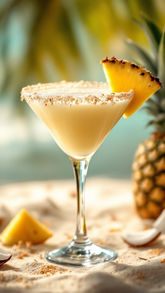 A Coconut Pineapple Martini with a pineapple wedge and coconut flakes