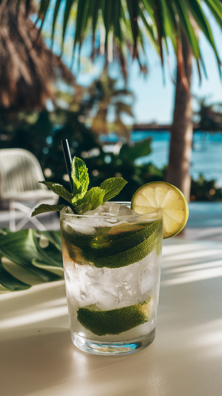 A refreshing Coconut Water Mojito garnished with mint and lime.