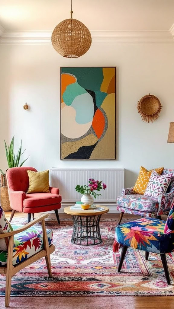 Bright, bold furniture is a hallmark of boho maximalism. A vibrant sofa, patterned armchairs, or a colorful coffee table can serve as focal points while adding energy to the room. Don’t shy away from mixing and matching—the more playful, the better!