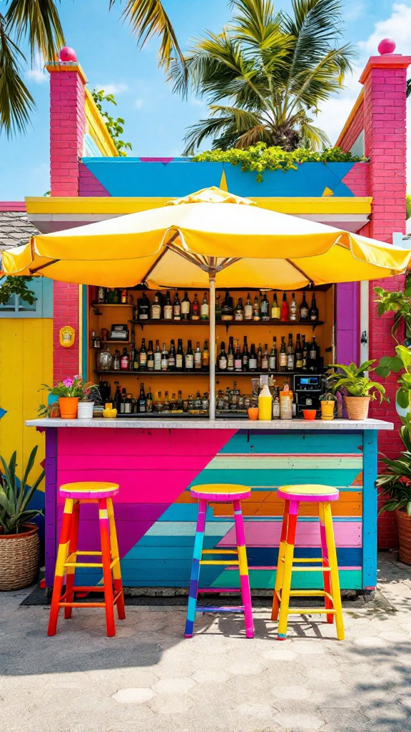 Brighten up your backyard with a colorful bar setup. Add a cheerful umbrella and colorful stools to create the ultimate summer vibe.