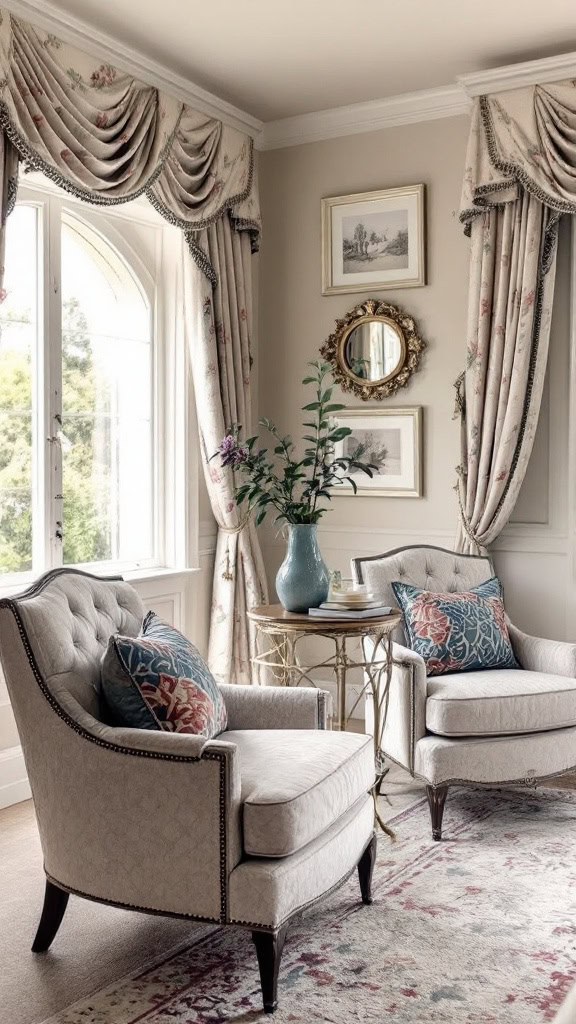 Create a cozy corner for your guests with a pair of upholstered armchairs and a small table. Add decorative curtains and throw pillows for a polished, inviting feel.