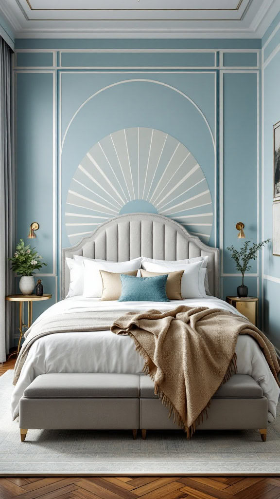 This room showcases a fresh take on Art Deco style with a soothing pale blue palette. The geometric patterns and soft textures create a calm yet stylish vibe. It’s a perfect blend of modern comfort and vintage charm, making any space feel inviting.