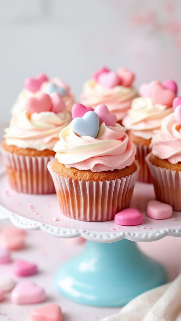 These cupcakes are a fun and sweet treat for any celebration. Topped with colorful frosting and cute heart candies, they look as good as they taste. Perfect for sharing with friends or surprising someone special! Try this recipe