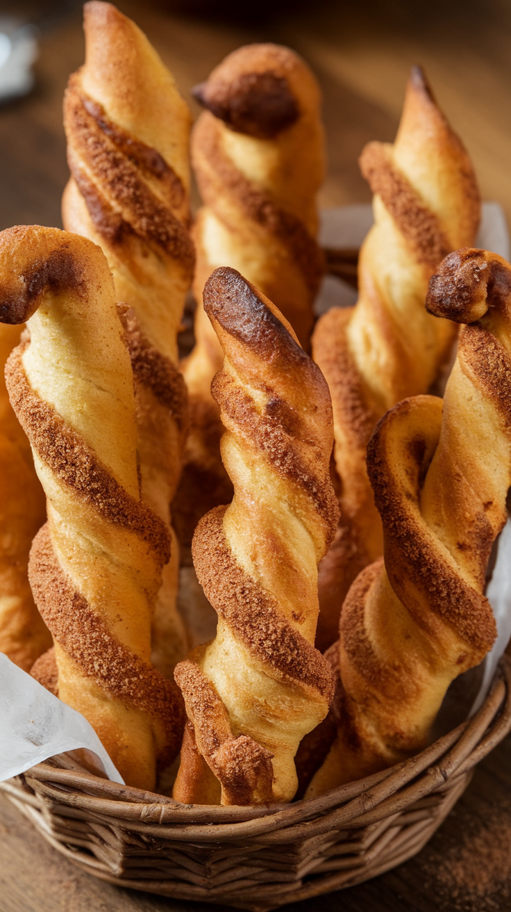 A basket filled with twisted cinnamon sugar pastries, resembling Taco Bell's cinnamon twists