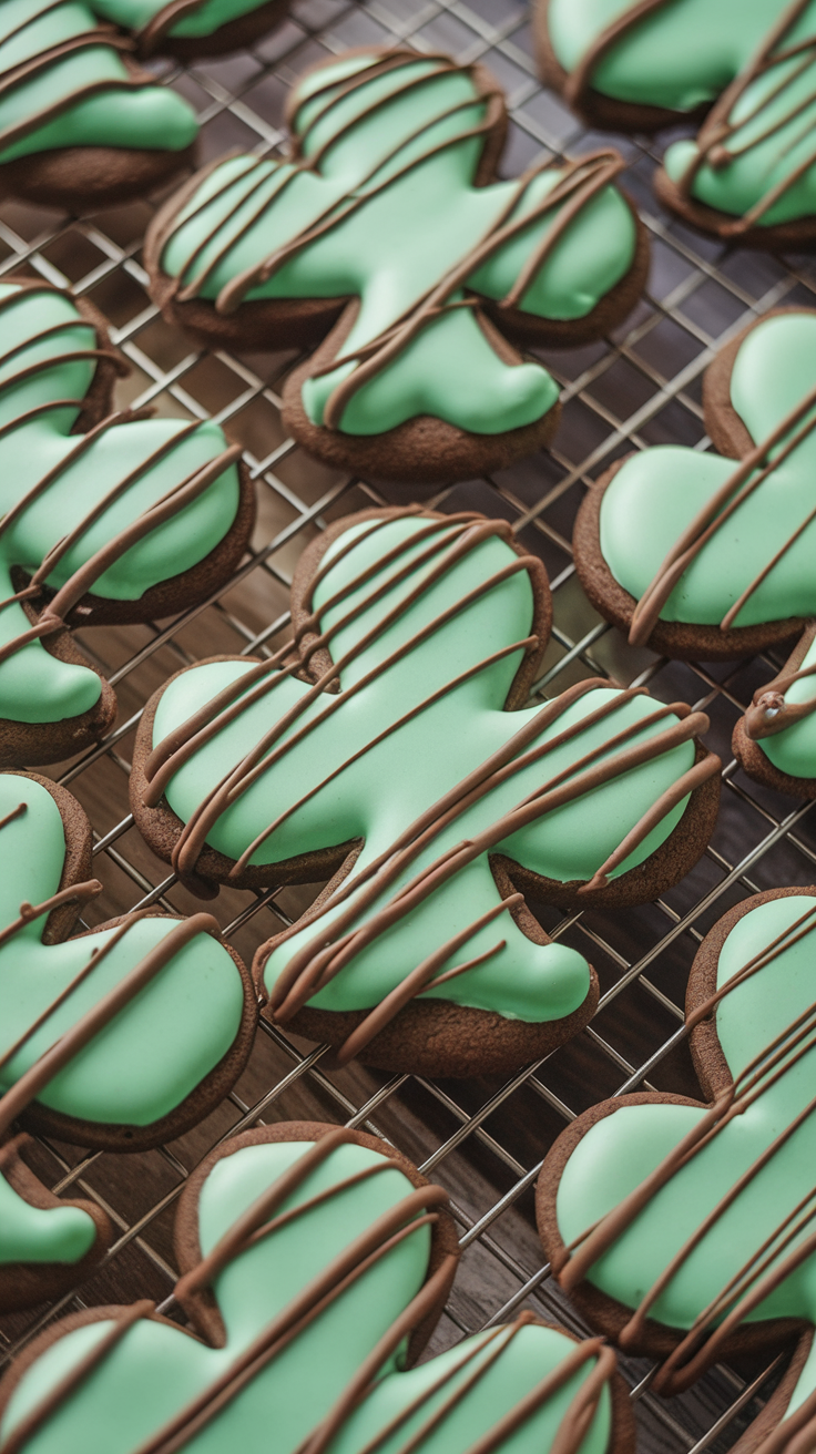 A close-up of decorated mint-flavored cookies on a cooling rack.