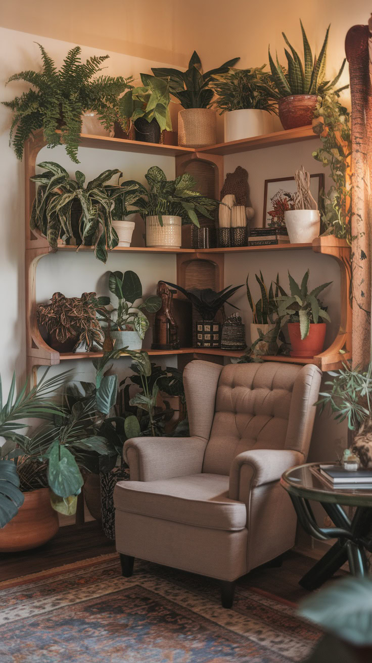 Transform a corner of your living room with a stylish plant shelf that draws the eye. Mix different types of plants in various pots to create depth and interest. This arrangement not only saves space but adds a fresh vibe to your cozy nook.