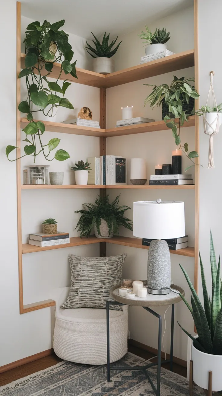 Corner shelves are a fantastic way to utilize unused spaces in your living room. They can showcase your favorite plants while keeping your area neat and stylish. Just pick a design that fits your style and enjoy the greenery!