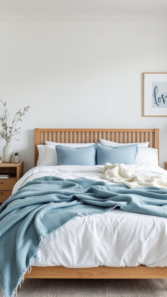 A cozy guest bedroom with blue accents and natural textures.