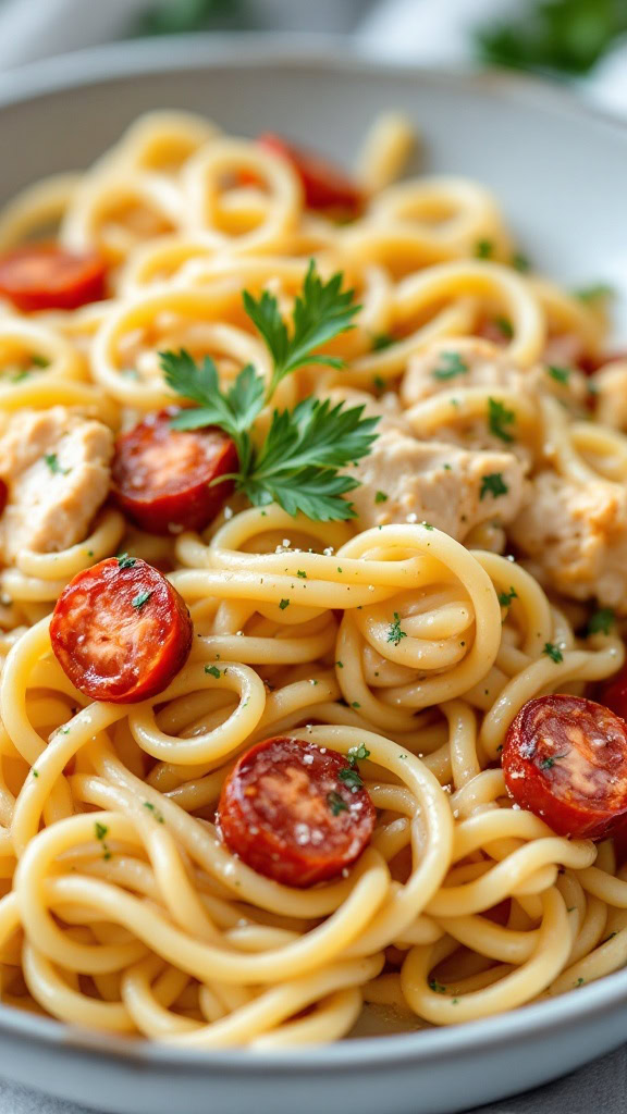 This creamy chicken and chorizo pasta is a simple and satisfying meal perfect for any night. The combination of tender chicken, spicy chorizo, and rich sauce creates a dish that everyone will love. You can find the full recipe here for a tasty dinner idea!