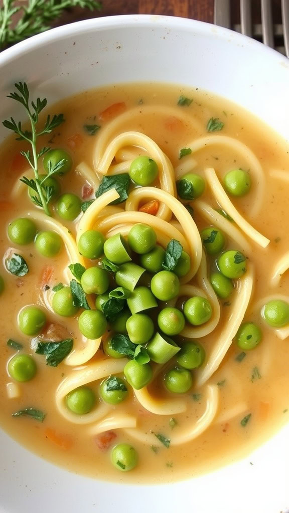 Bowl of creamy split pea noodle soup with green peas and herbs