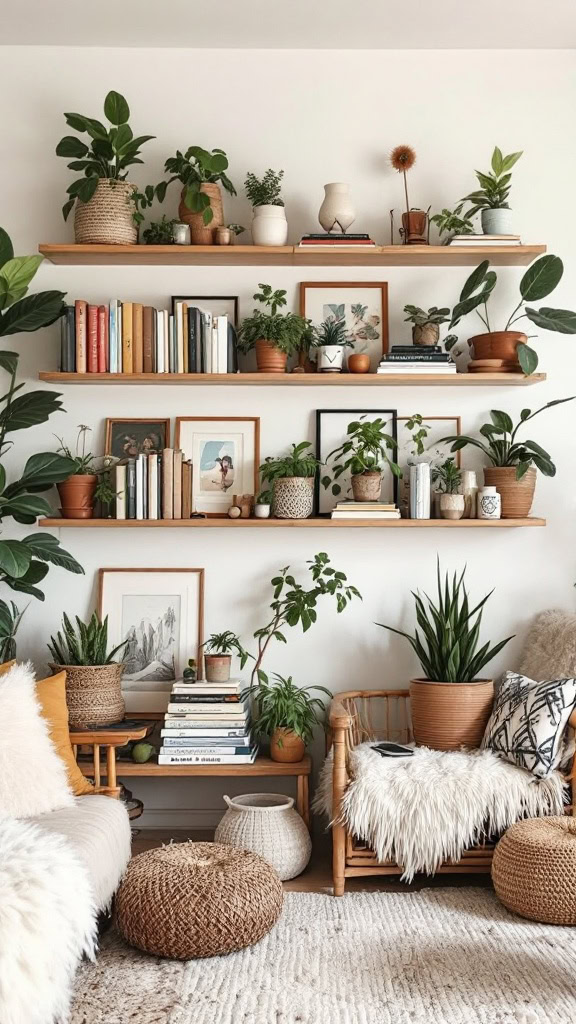 Shelves aren’t just practical—they’re a great way to showcase your personality. Fill them with books, plants, and decorative objects for a curated yet relaxed look. Vary the heights and textures of the items to keep it visually interesting.