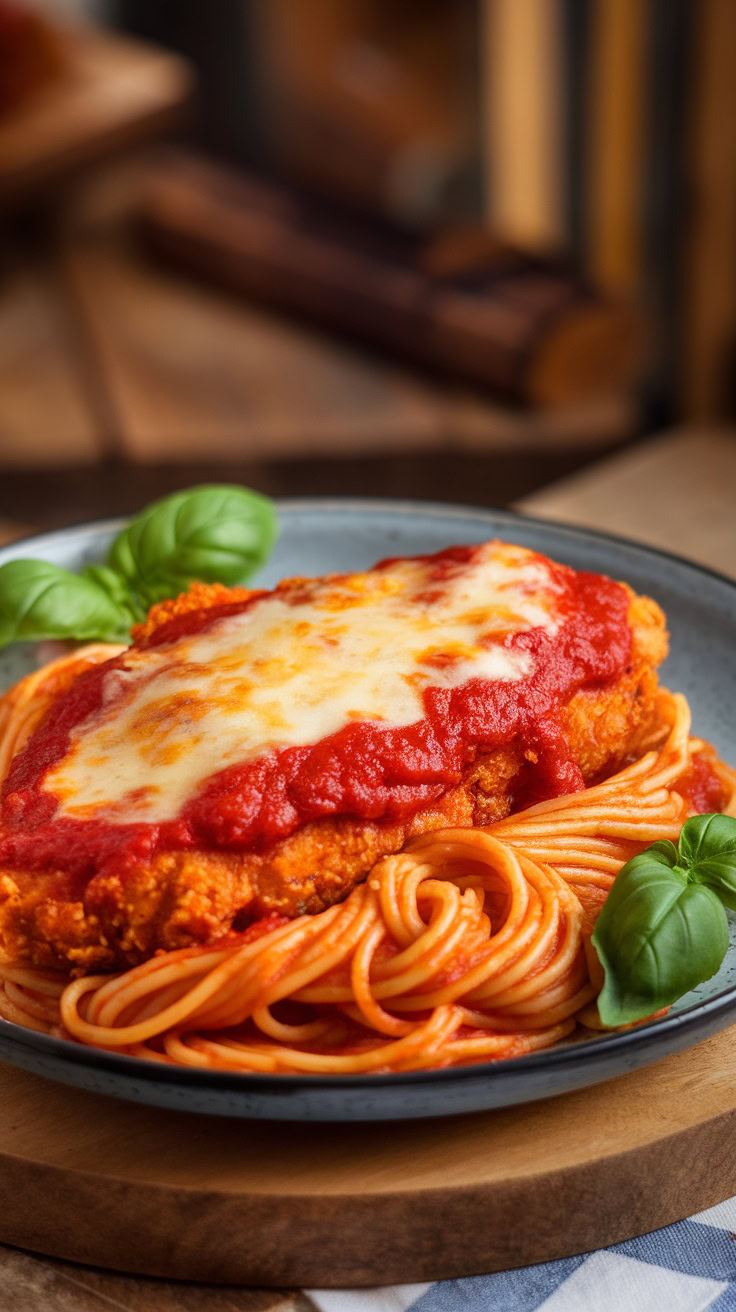 A plate of Crispy Chicken Parmesan served with spaghetti and tomato sauce, garnished with basil leaves.