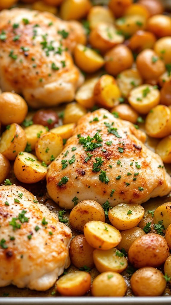 Crispy ranch chicken thighs with baby potatoes on a sheet pan