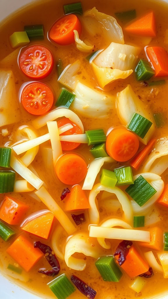 A bowl of colorful cabbage soup with carrots, tomatoes, and green onions.