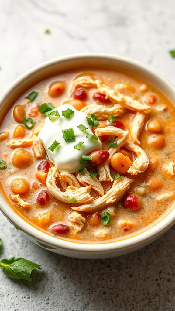 A bowl of creamy chicken chili topped with sour cream and green onions.