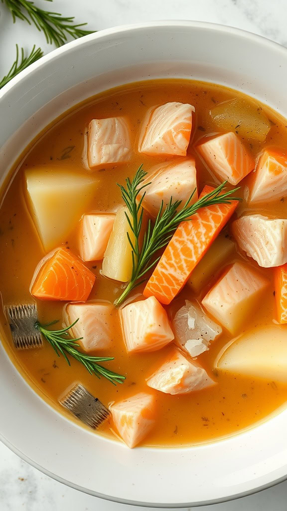 A bowl of salmon potato soup with chunks of salmon and potatoes garnished with herbs