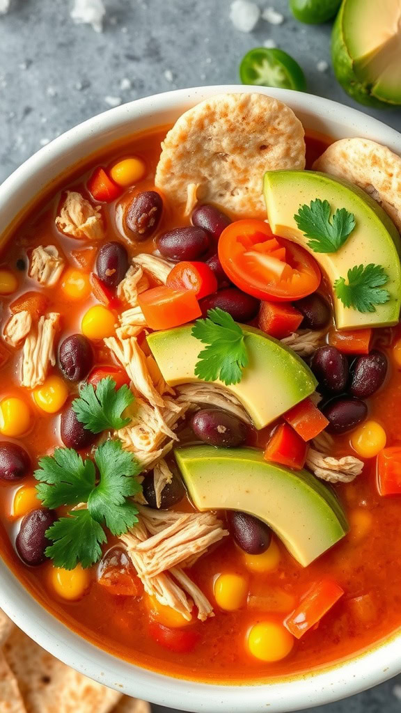 A bowl of delicious chicken tortilla soup topped with avocado, tomatoes, and tortilla chips.