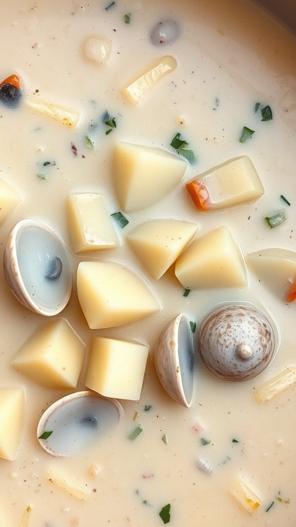 Close-up of creamy clam chowder with potatoes and clams