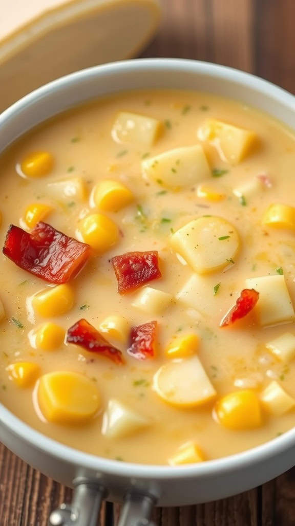 A bowl of creamy corn chowder with potatoes and bacon bits.