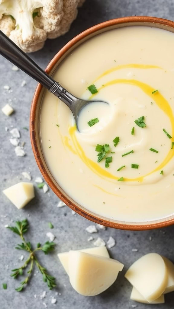 A bowl of creamy baked potato soup with herbs and a spoon.