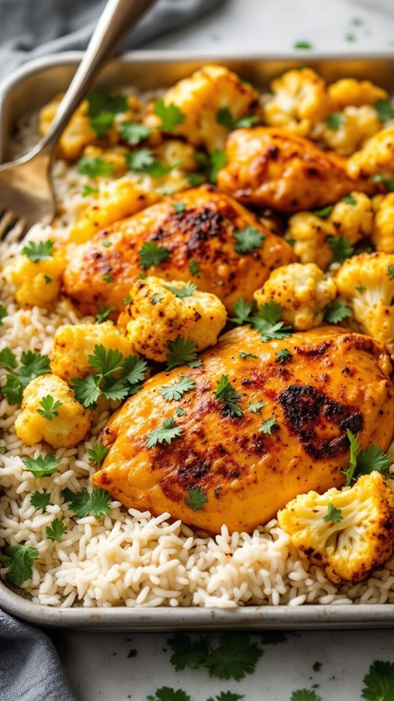 This curry chicken sheet pan dinner is a fantastic choice for busy weeknights. The chicken cooks perfectly alongside tender cauliflower and fluffy rice, making cleanup a breeze. With its flavorful spices, this dish will keep everyone coming back for seconds!